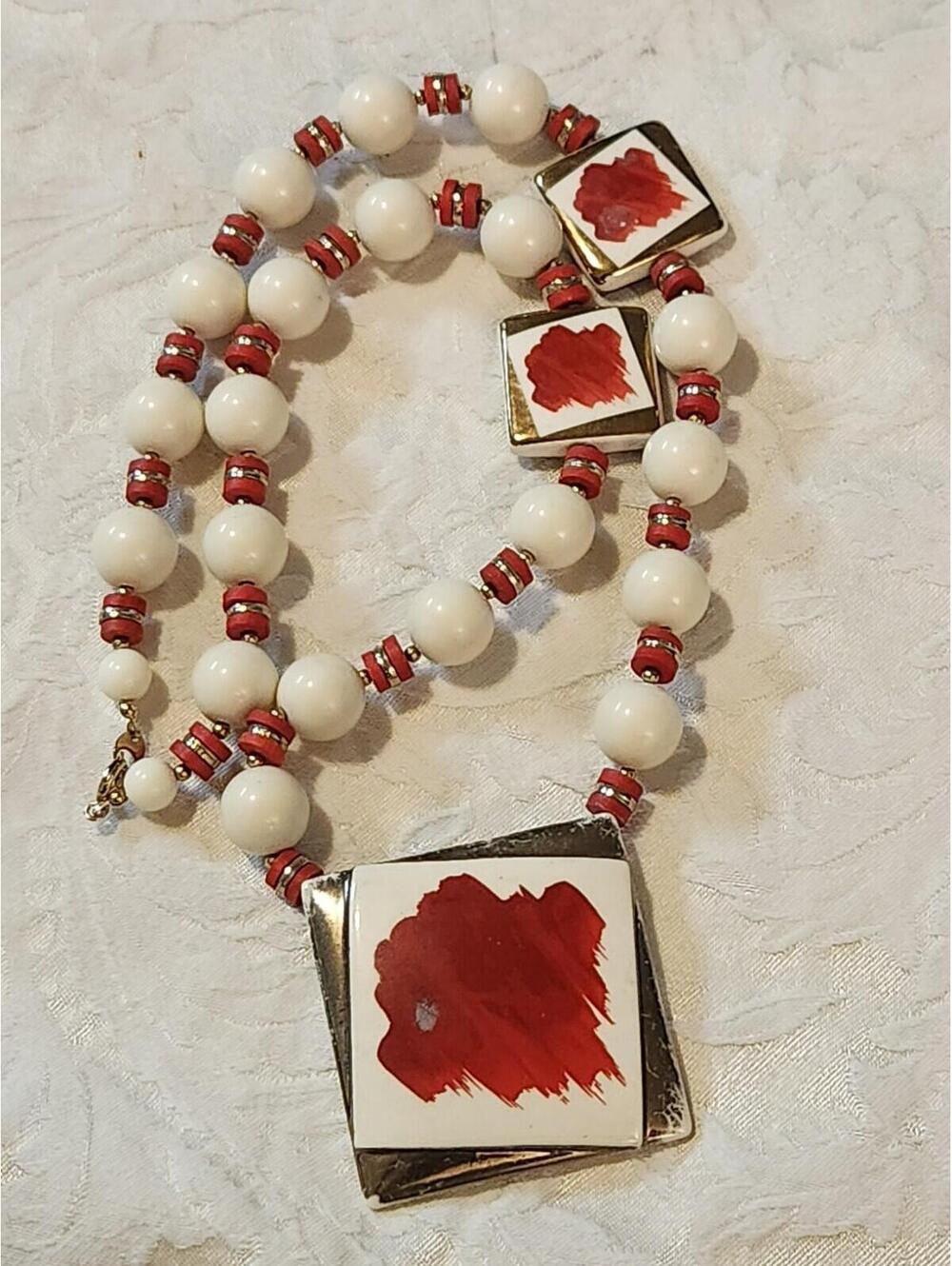 Fiery Red ,White, And Gold necklace,Ceramic Square  Accent Beads
